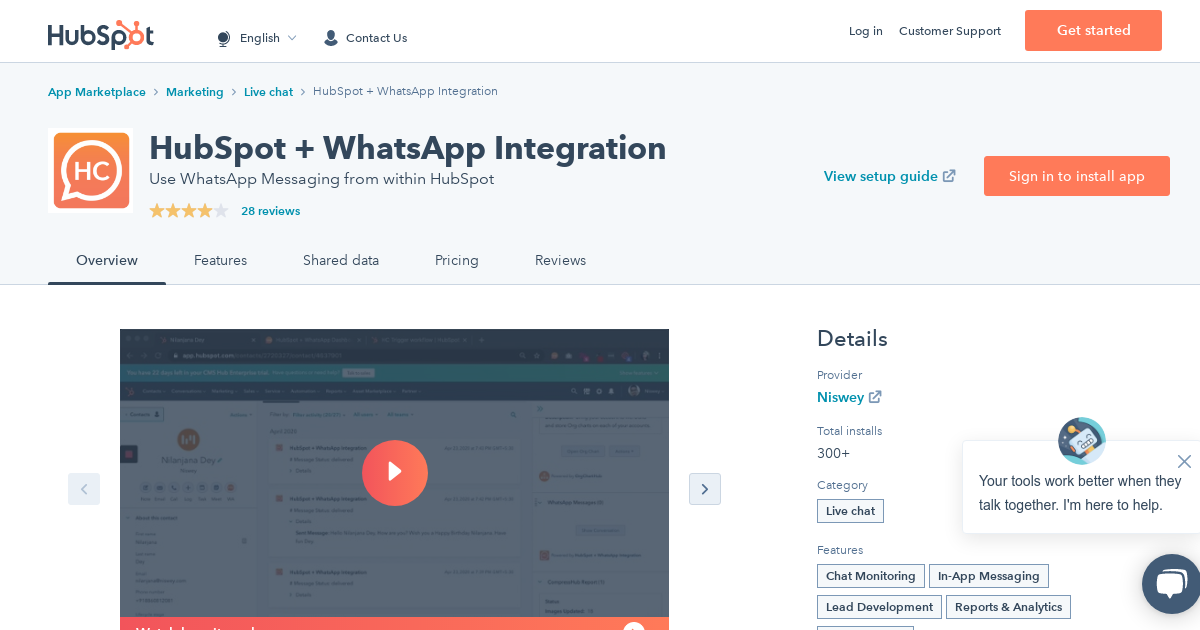 Captura de pantalla de la integración HubSpot + WhatsApp Integration en el marketplace de aplicaciones de HubSpot
